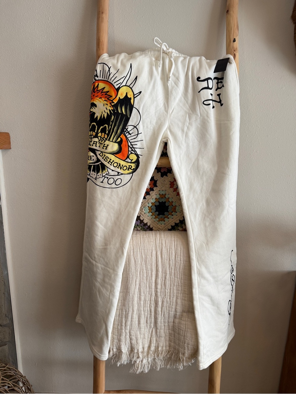 NWT White Ed hardy mens Sweatpants with Orange & Black eagle Design